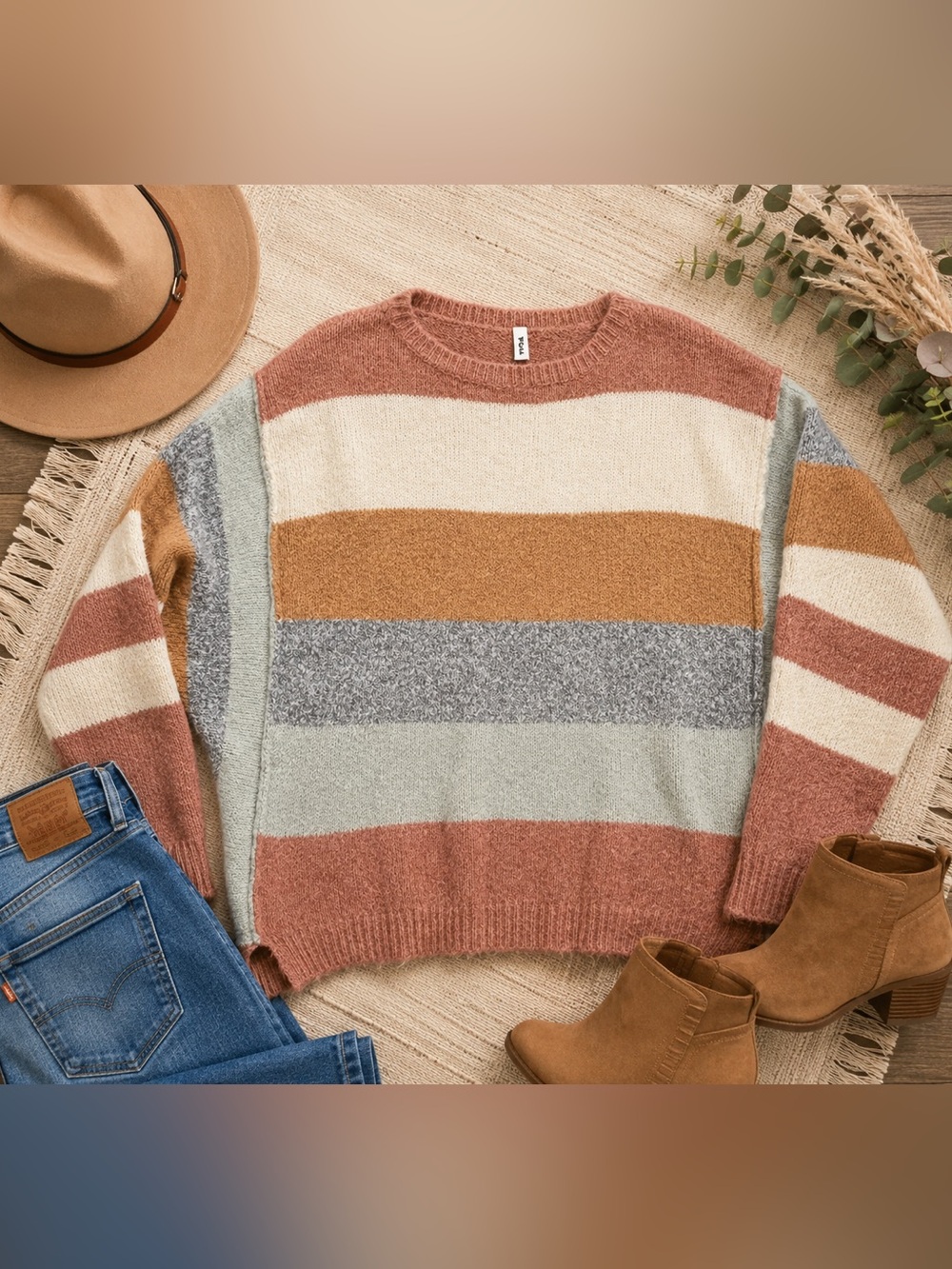 Wishlist Colorblock Striped Fuzzy Knit Sweater Blush Camel Sage Gray Large